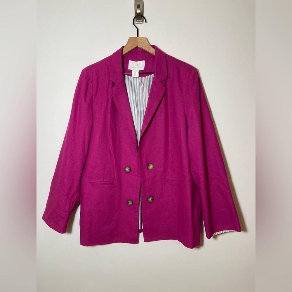 Halston Jacket Womens XL Pink Blazer Open Front Linen Office Work Preppy